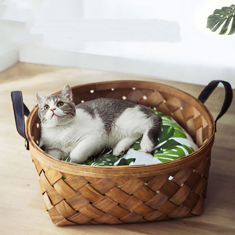 Bamboo Rattan Cat Bed House Kennel Nest Dog Bed Cat Tent Summer Dog Sofa Bed Cushion Pet Bed Cat House Dog House Cat Rug Teepee - shoptrendbeast.com
