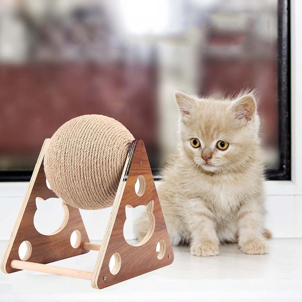 Wooden Cat Catching Treadmill Ball Toy Cat Grinding Claw Sisal Rope Ball, Cat Scratching Ball On Stand, Interactive Solid Wood Cat Catching Ball Pet Toy - shoptrendbeast.com