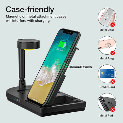 Portable 4 in 1 Charging Station for Apple Products, Wireless Fast Charger Stand with Bedside Lamp Compatible for Iphone 15/14/13/12/11 Series, for Airpods Pro 3/2, for Iwatch 9/8/7/SE/6/5 (Black)