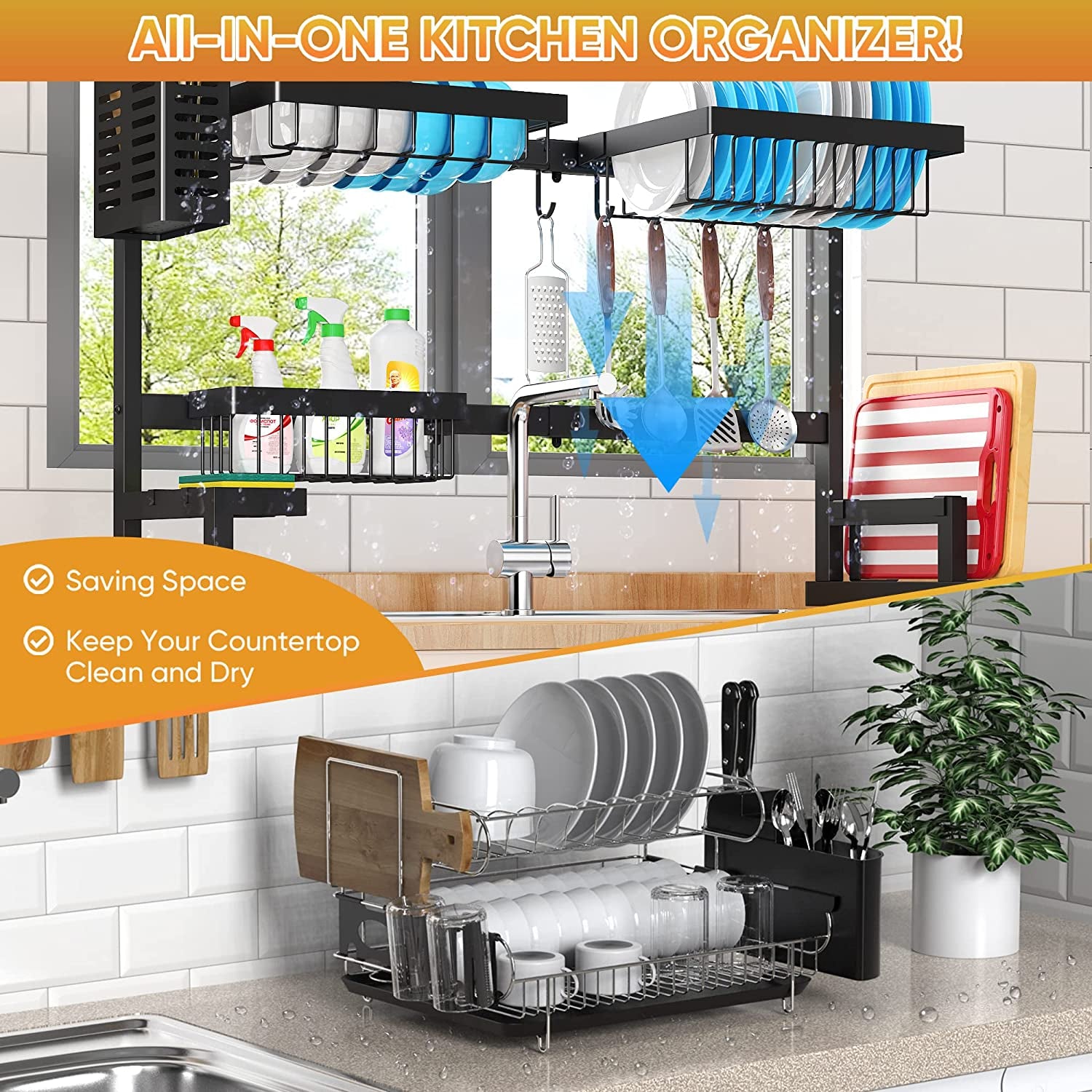 over Sink Dish Drying Rack (26"-38"), Adjustable Large Dish Drainer for Storage Kitchen Counter Organization, 2 Tier Stainless Steel over Sink Dish Rack Display-Simplified
