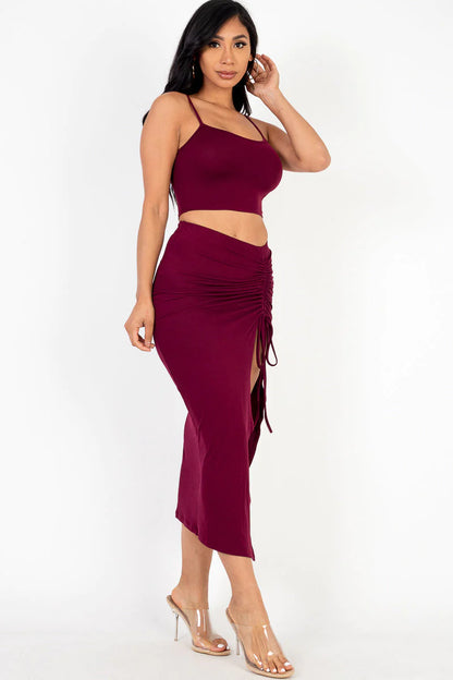 Cami Crop Top & Ruched Side Split Hem Midi Skirt Set (CAPELLA)