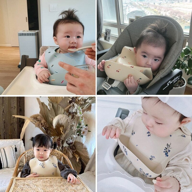 Cartoon Printing Baby Bibs Waterproof Soft Silicone Baby Feeding Catcher Adjustable Roll up Food Pocket for Infants Newborn Boys