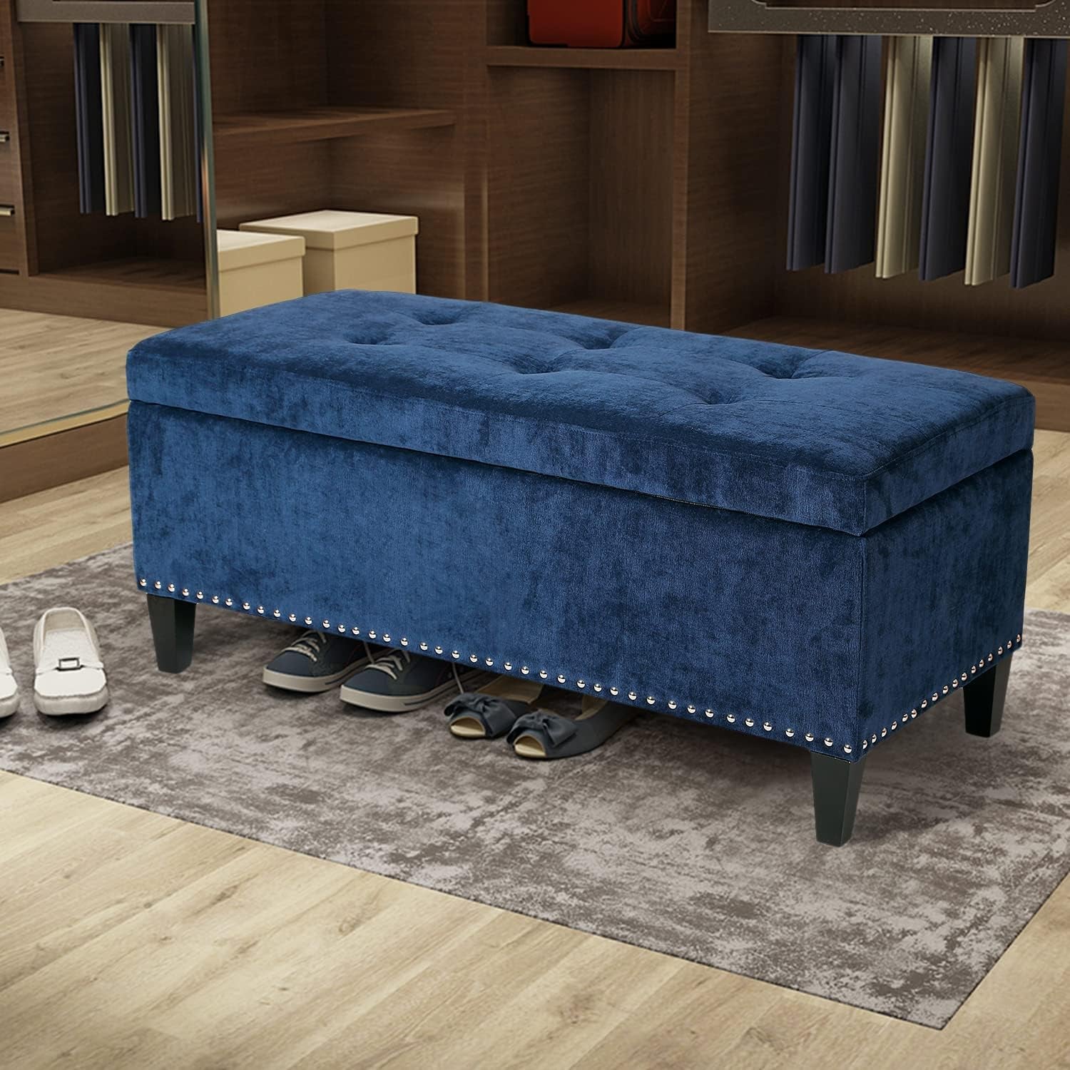 Storage Ottoman Bench Microfiber Rectangular Button Tufted Footstool Storage Room Organizer (Dark Royal Blue)