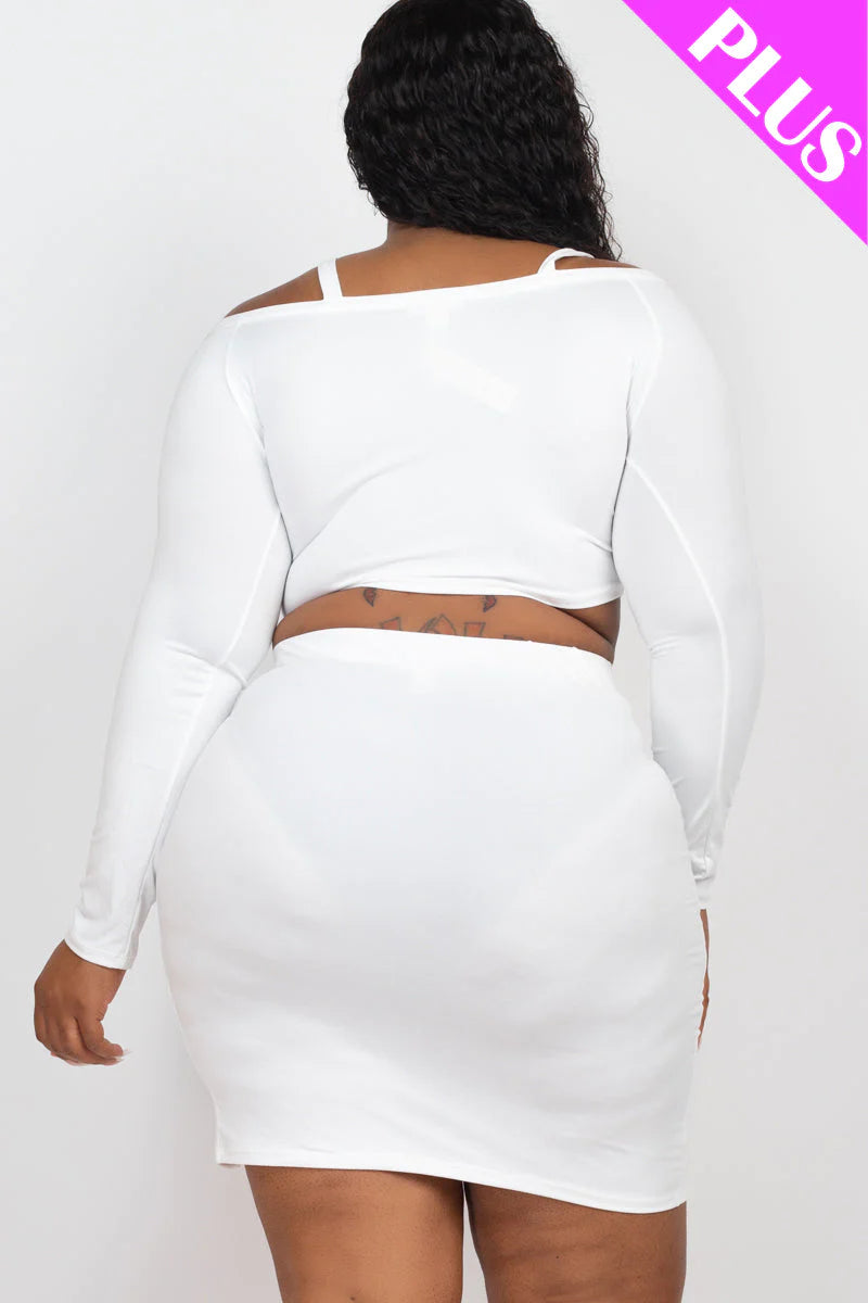 Plus Size Ruched Drawstring off Shoulder Crop Top & Side Slit Mini Skirt Set (CAPELLA)