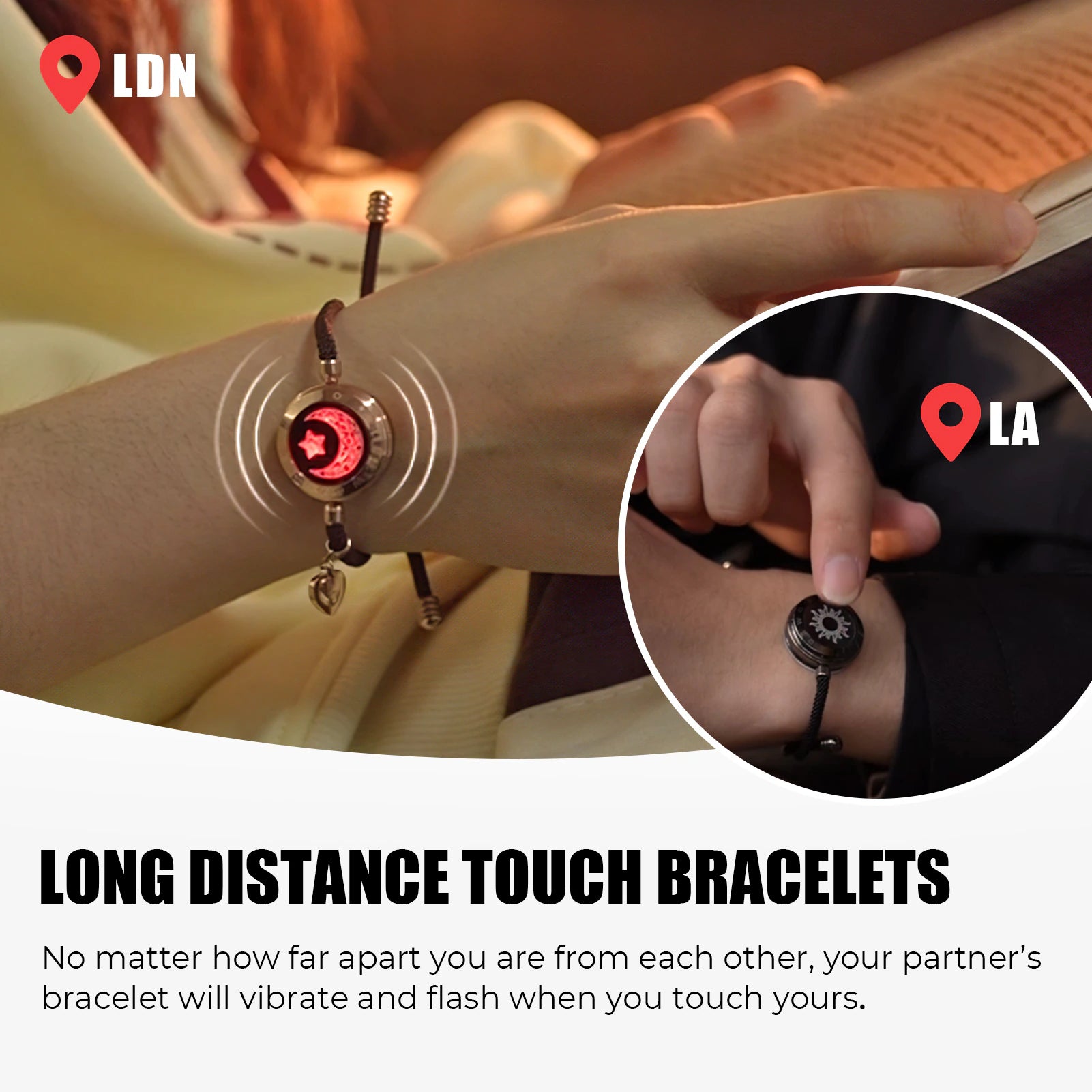 Long Distance Touch Light Up&Vibrate Bracelets for Couples, Long Distance Relationship Gifts Smart Sun&Moon Love Bracelet