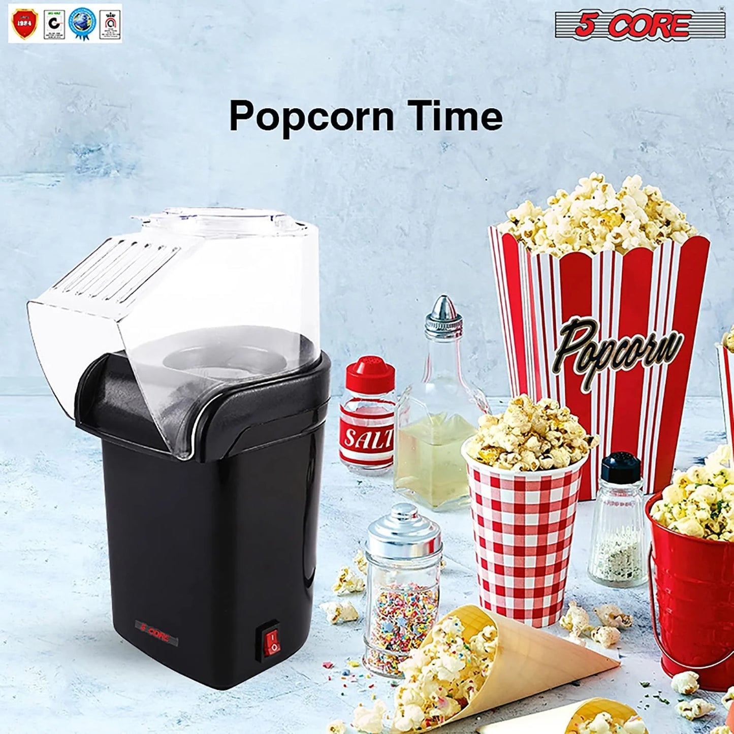 5 Core Popcorn Machine Black Capacity 16 Cups Hot Air Popcorn Popper Maker Compact Mini Pop Corn Machine - POP B