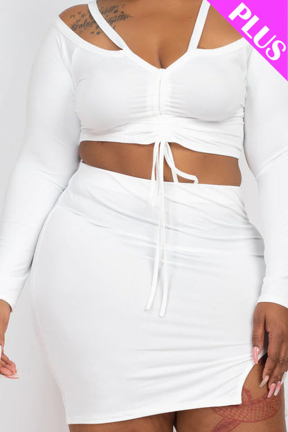 Plus Size Ruched Drawstring off Shoulder Crop Top & Side Slit Mini Skirt Set (CAPELLA)