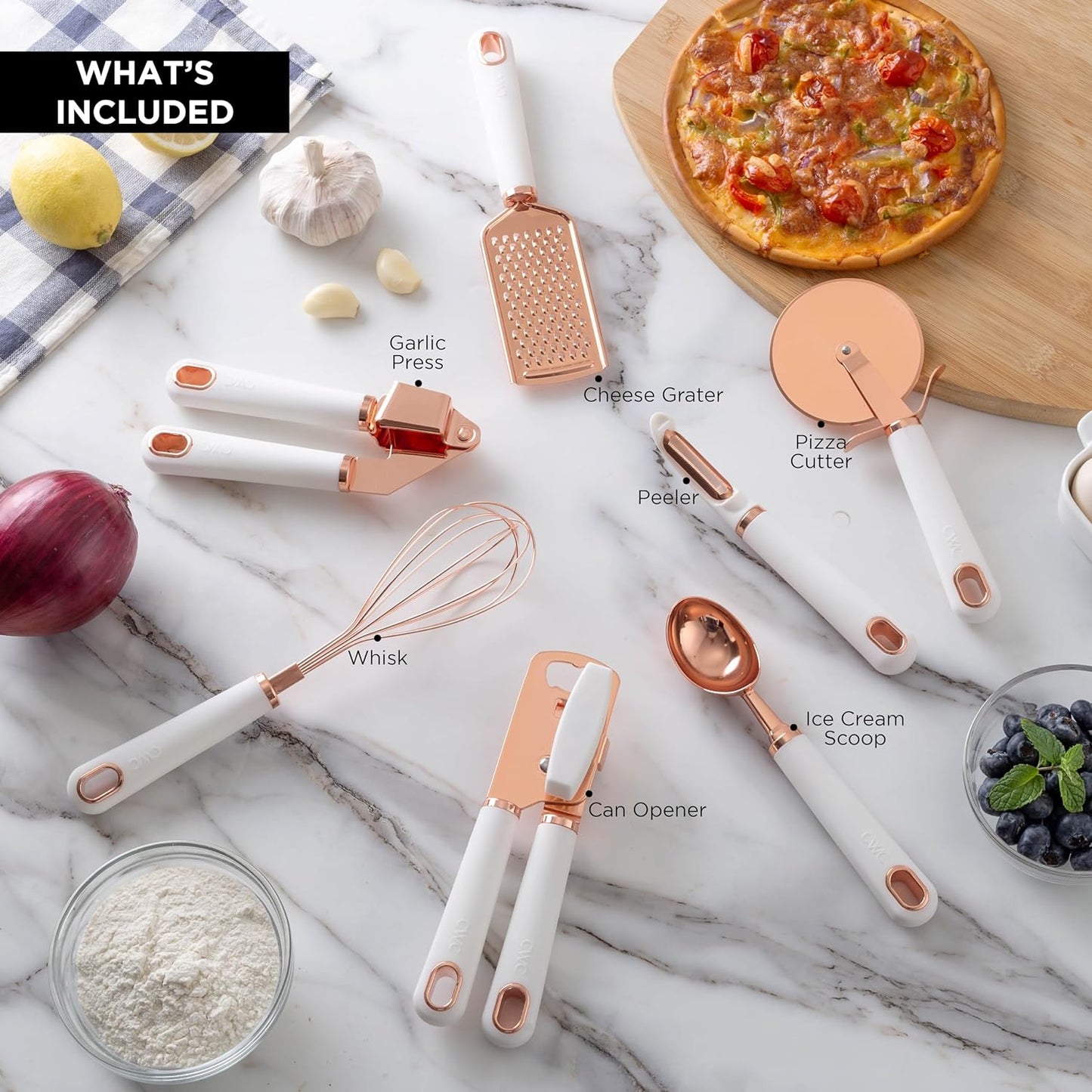 7 Pc Kitchen Gadget Set Copper Coated Stainless Steel Utensils with Soft Touch White Handles