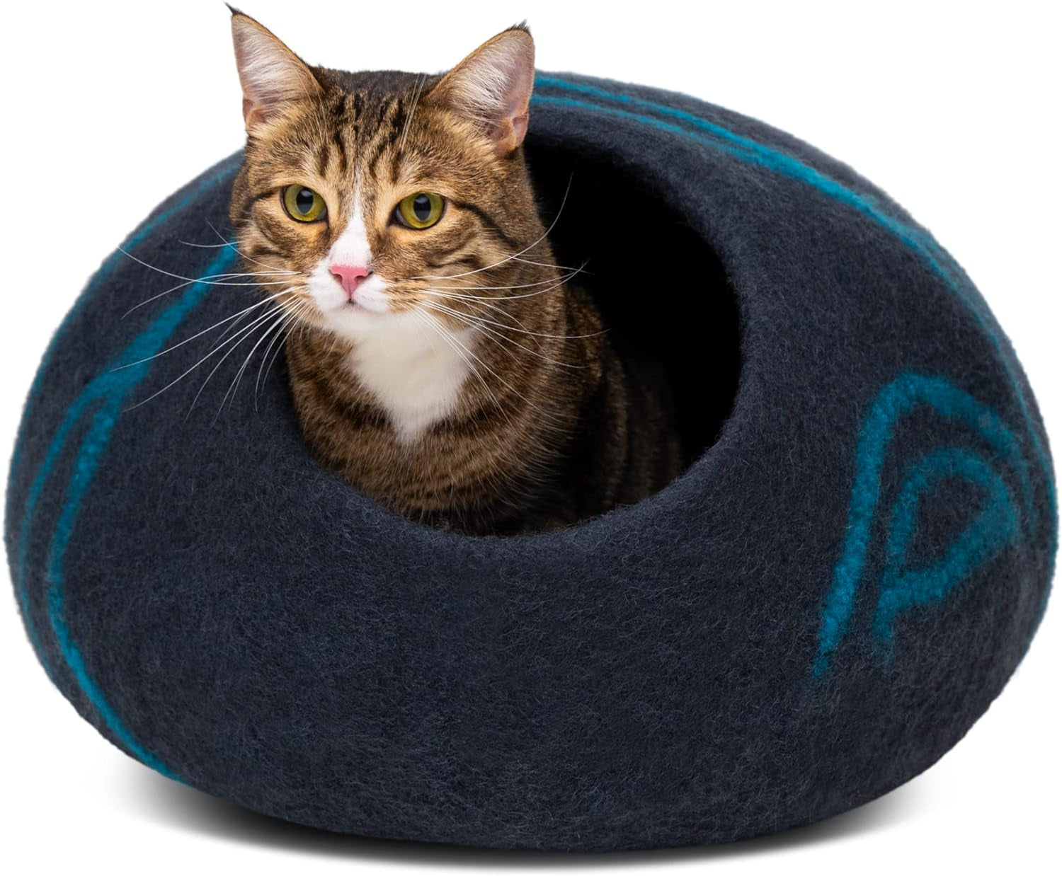 Premium Felt Cat Bed Cave - Handmade 100% Merino Wool Bed for Cats and Kittens (Dark Shades) (Large, Black Aqua)