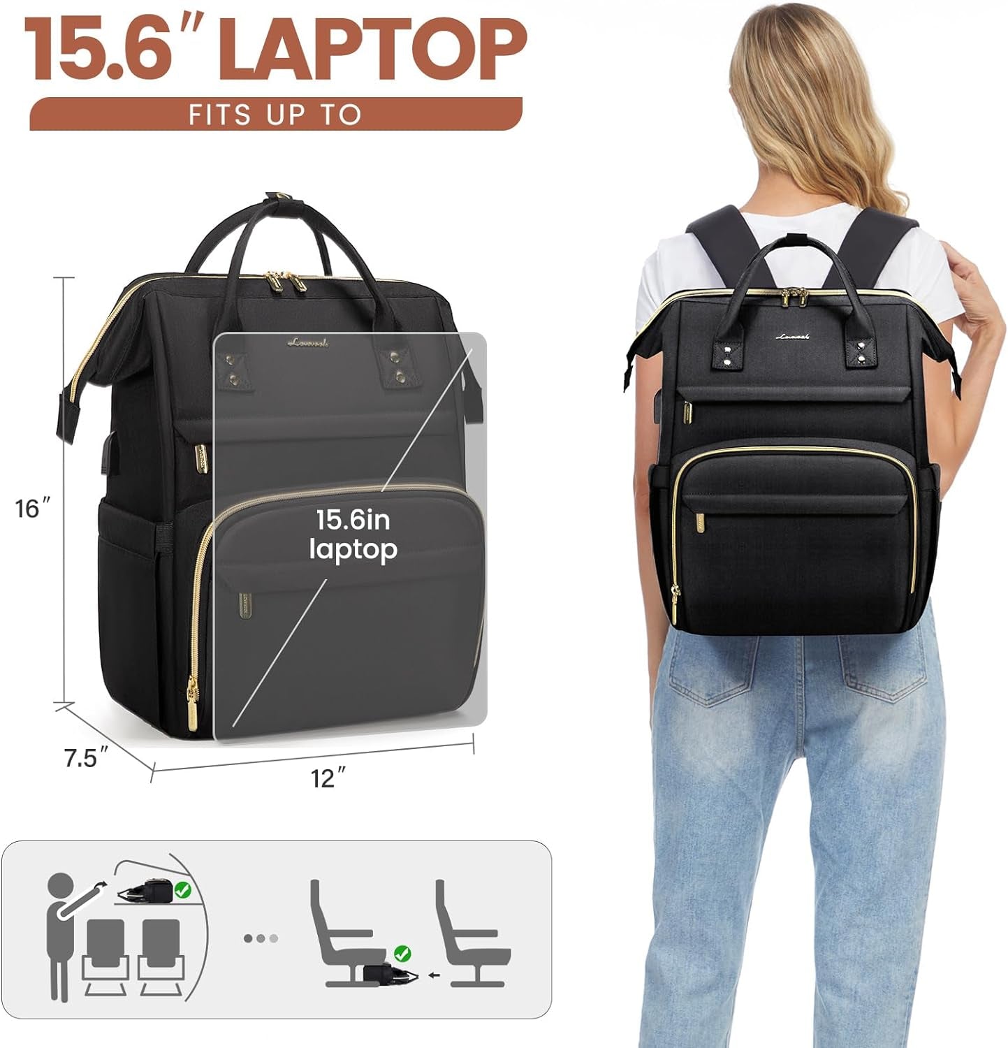 Laptop Backpack,15.6 Inch Professional Womens Purse Computer Bag Nurse Teacher Backpack,Waterproof College Work Bags Carry on Travel Back Pack with USB Port,Black