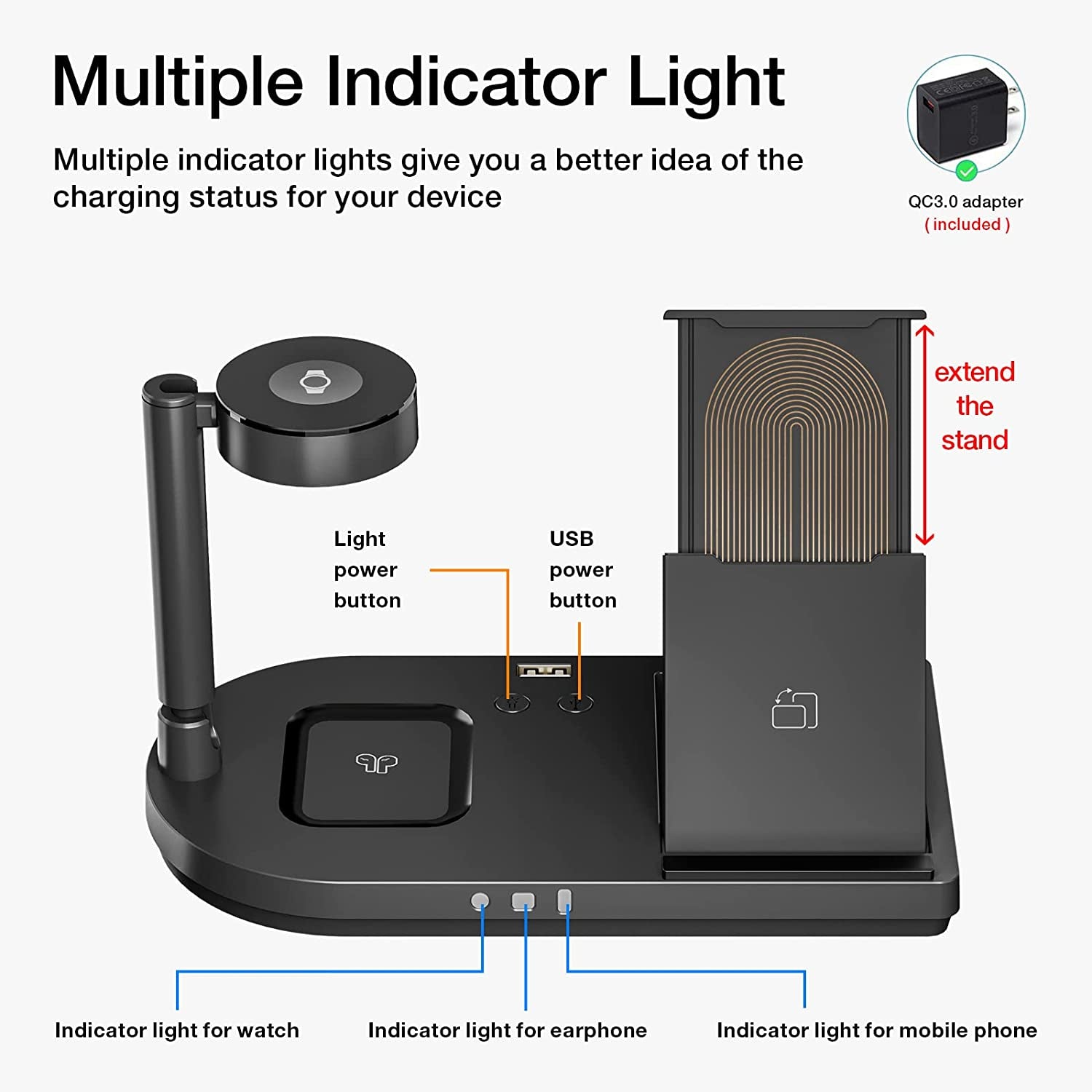 Portable 4 in 1 Charging Station for Apple Products, Wireless Fast Charger Stand with Bedside Lamp Compatible for Iphone 15/14/13/12/11 Series, for Airpods Pro 3/2, for Iwatch 9/8/7/SE/6/5 (Black)