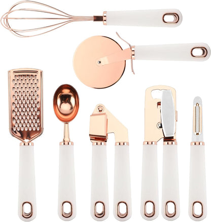 7 Pc Kitchen Gadget Set Copper Coated Stainless Steel Utensils with Soft Touch White Handles