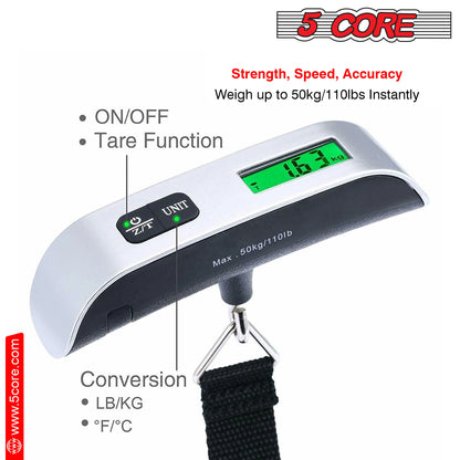 5 Core Luggage Scale 110 Pounds Digital Hanging Weight Scale W Backlight Rubber Paint Handle Battery Included- LSS-004