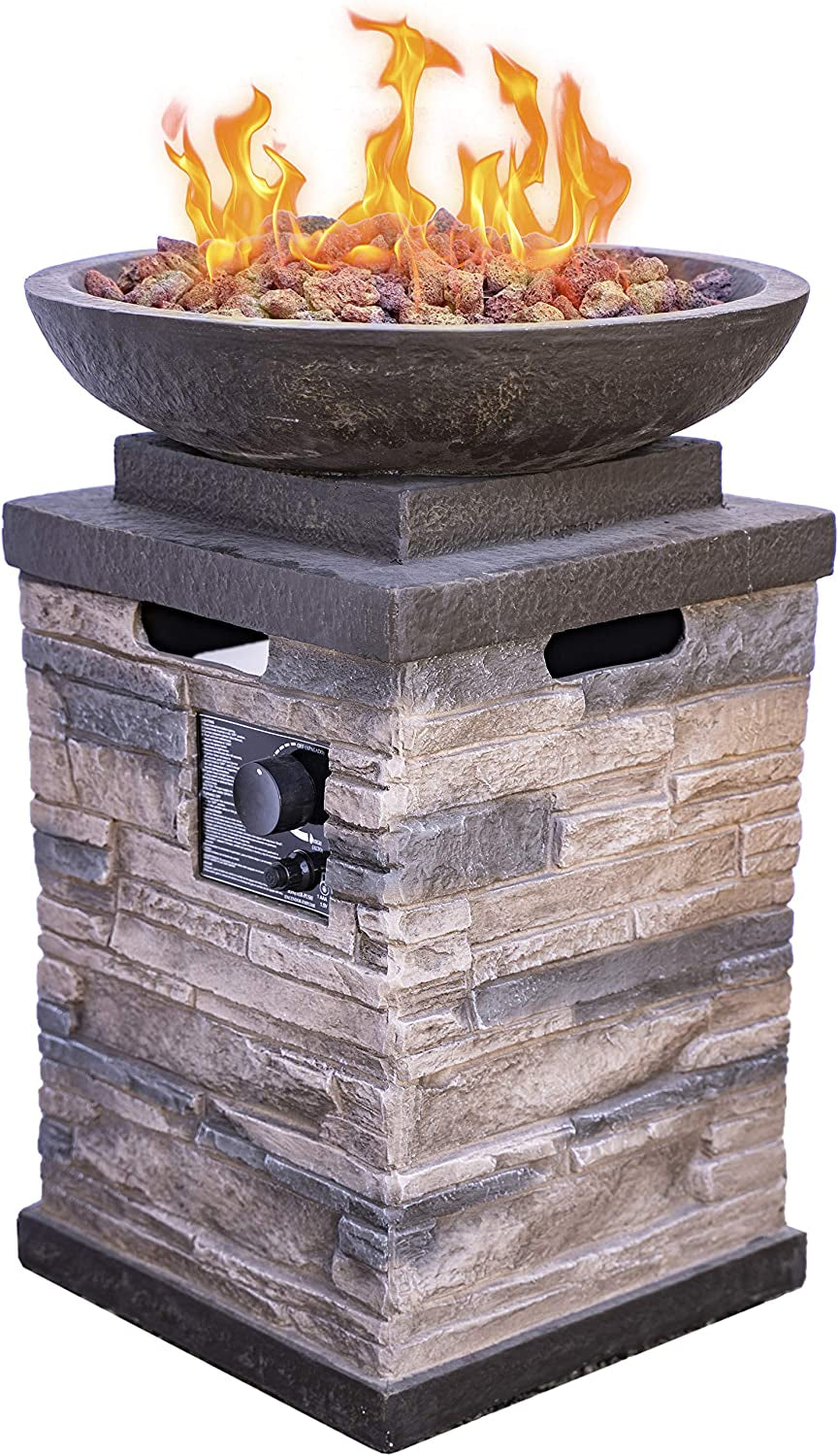 63172 Newcastle Propane Firebowl Column Realistic Look Firepit Heater Lava Rock 40,000 BTU Outdoor Gas Fire Pit 20 Lb, Pack of 1, Natural Stone