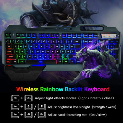 Wireless Gaming Keyboard and Mouse,Rainbow Backlit Rechargeable Keyboard Mouse with 3800Mah Battery Metal Panel,Removable Hand Rest Mechanical Feel Keyboard and 7 Color Gaming Mute Mouse for PC Gamers